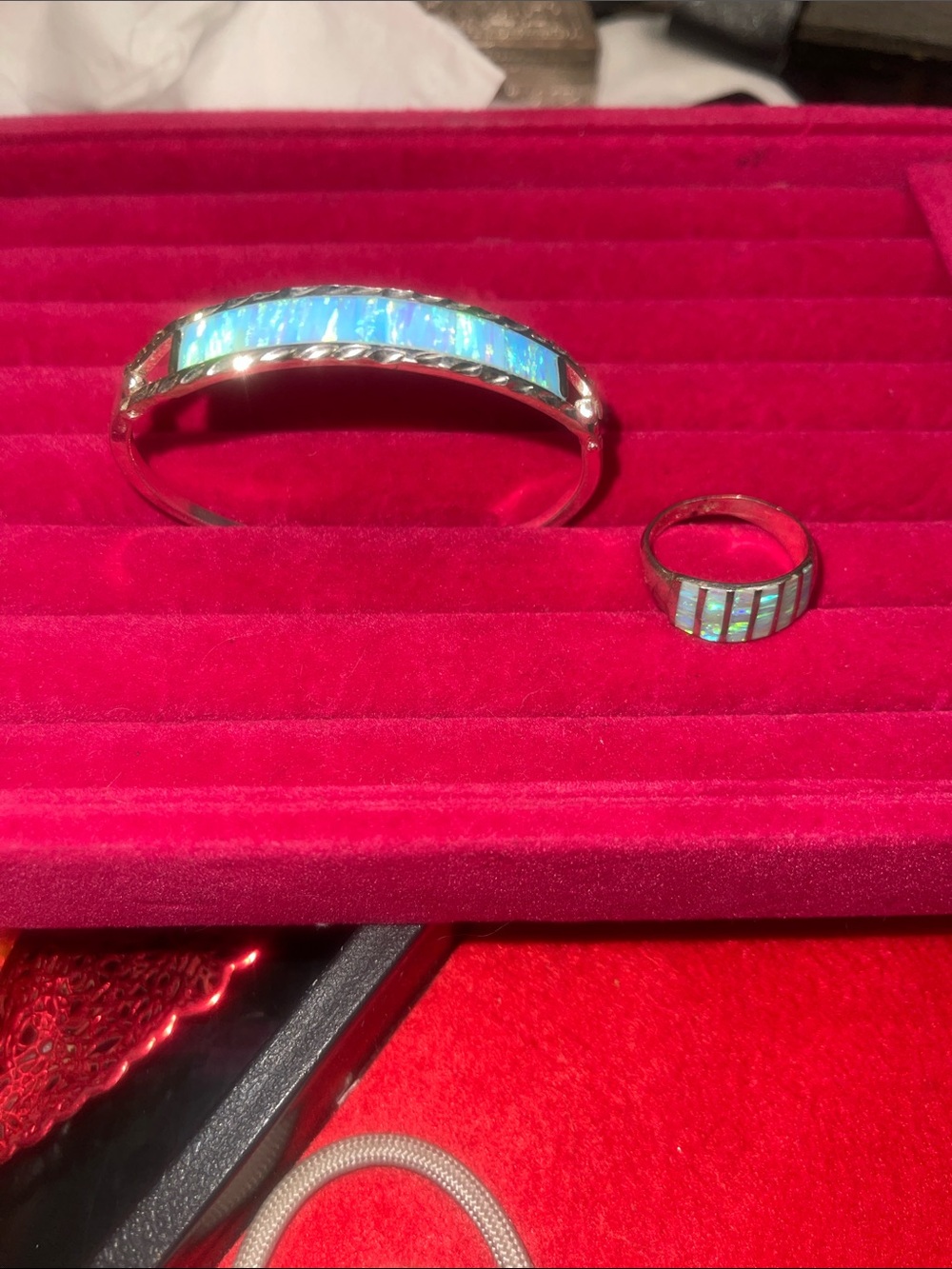 SS & Blue Fire Opal Inlay Bangle and size 10 Ring Set - Mexico